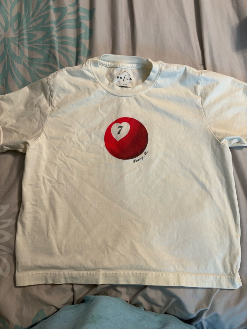 White Short-Sleeve Tee with Red 7 lucky ball Graphic
